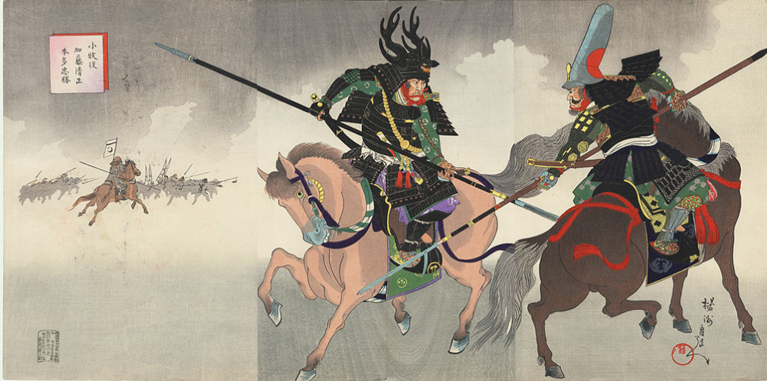 Img:Old Japanese woodblock print of men fighting on horseback