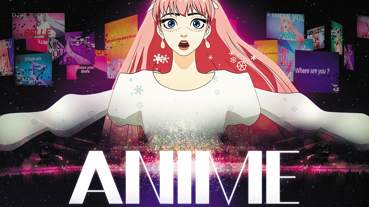 Woman with pink hair standing with outstretched arms from the film Belle