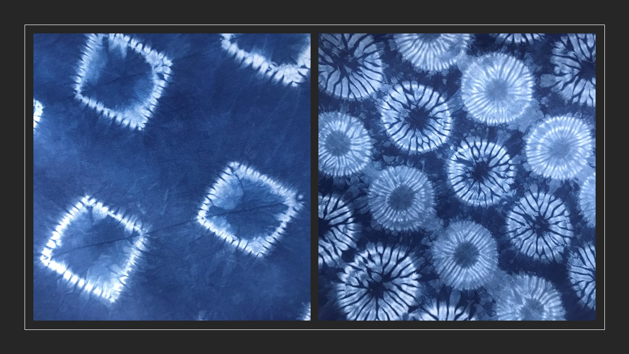 Two patterned artworks showing blue backgrounds and white shapes