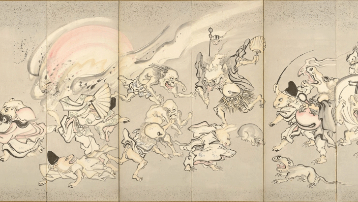 Img:Pair of six–panel screens: Night Procession of One Hundred Demons 