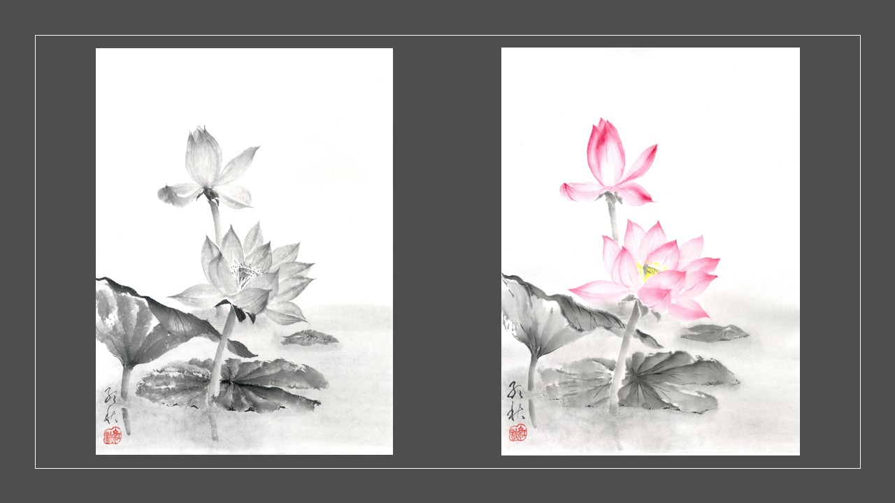 Img:Two ink paintings of Japanese flowers