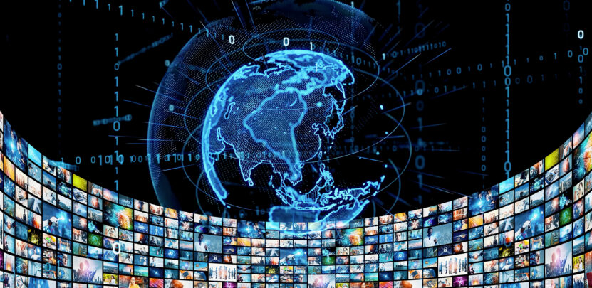 Img:many screen and holographic globe map