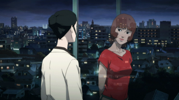 IMG:,Animation woman looking out window and seeing reflection of girl with red dress