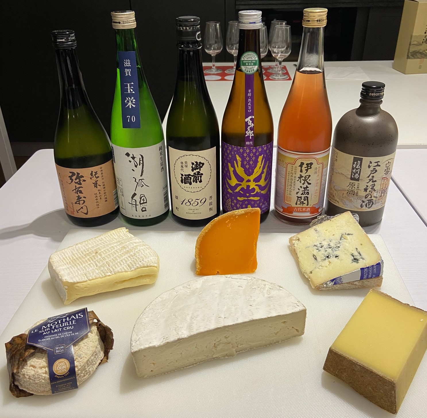 cheese and sake bottles