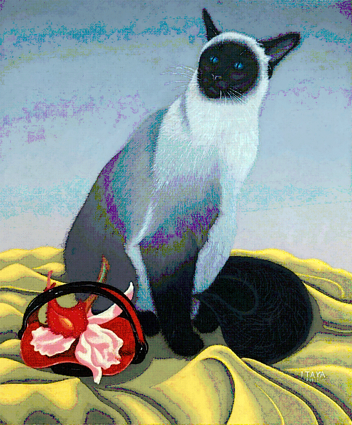 Img:A Siamese Cat , a lacquer basket with flowers beside by Foussa Itaya
