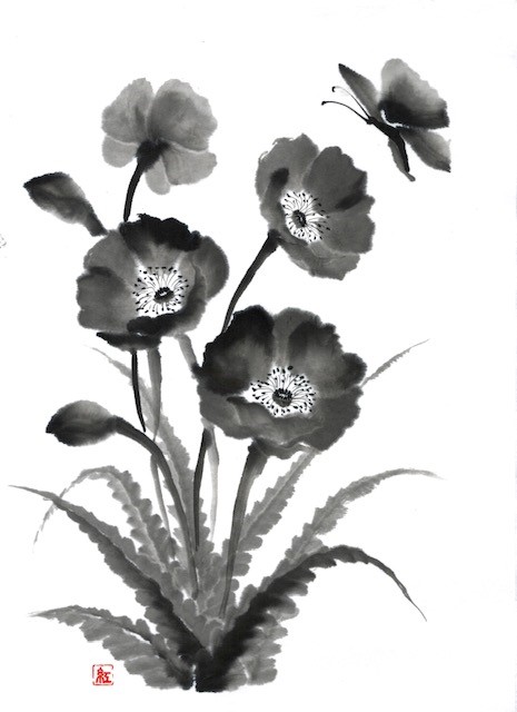 Img: Sumi-e (Japanese Ink Painting) workshopPoppy with Butterfly