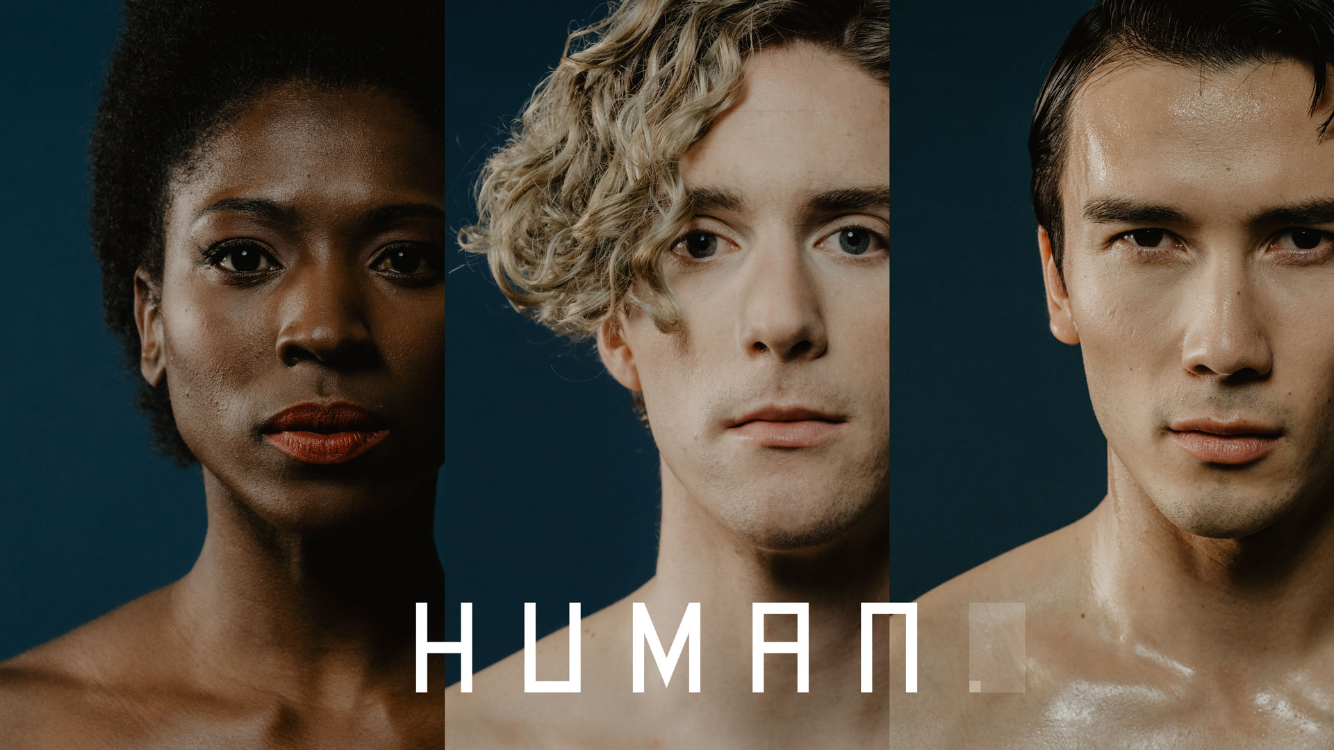 Img: Three people, the caption HUMAN