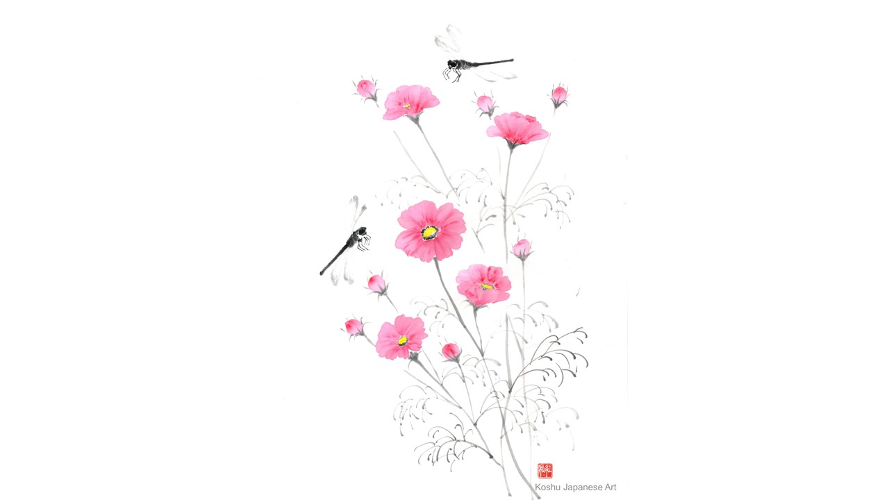 Img: Pink flower painted in sumi-e style