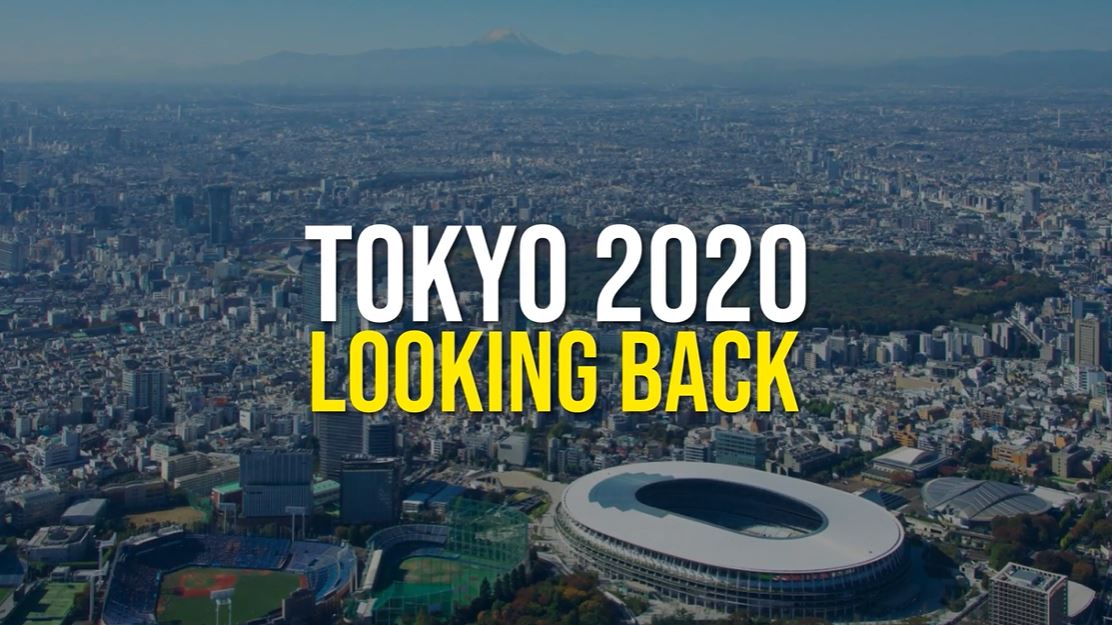 Tokyo 2020 Looking Back over an aerial picture of Tokyo including national stadium