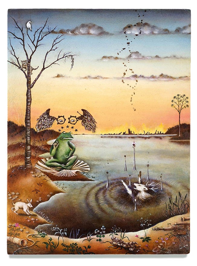 Img:Abstract painting of a frog watching a deer sink into a lake