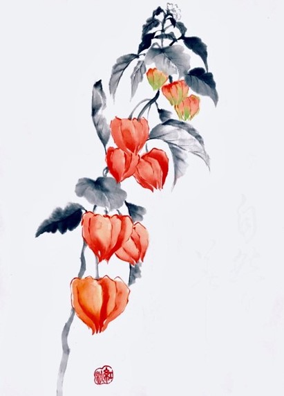 Img:Red flower painted in traditional Japanese sumie style
