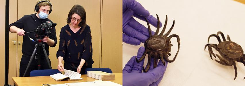 Img: Left image Woman looking through a book, right image holding ornamental crabs