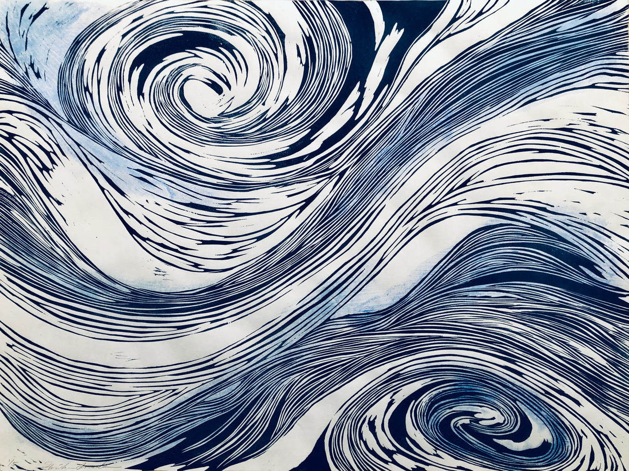 Img: Woodcut print of swirling water
