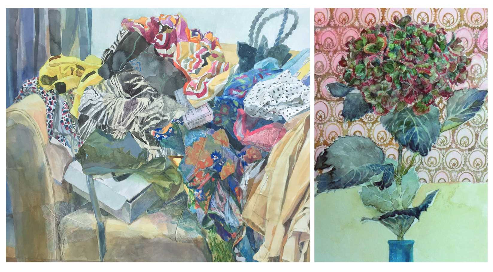 Img: Still life painting of clothes strewn on a sofa