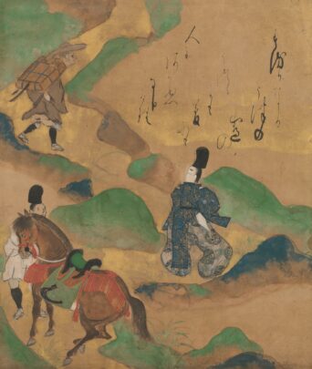 Traditional Japanese artwork of a man leading a horse down a country road
