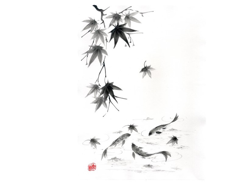 Img: Sumie-style maple leaves and koi fish