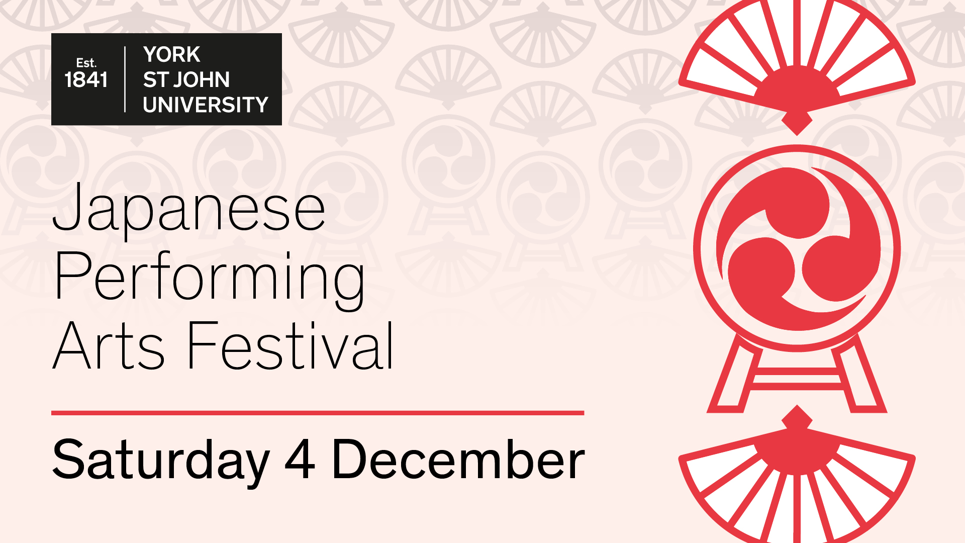 Img:Japanese Performing Arts Festival - York St. John University and red logo of taiko drum with traditional fan above it