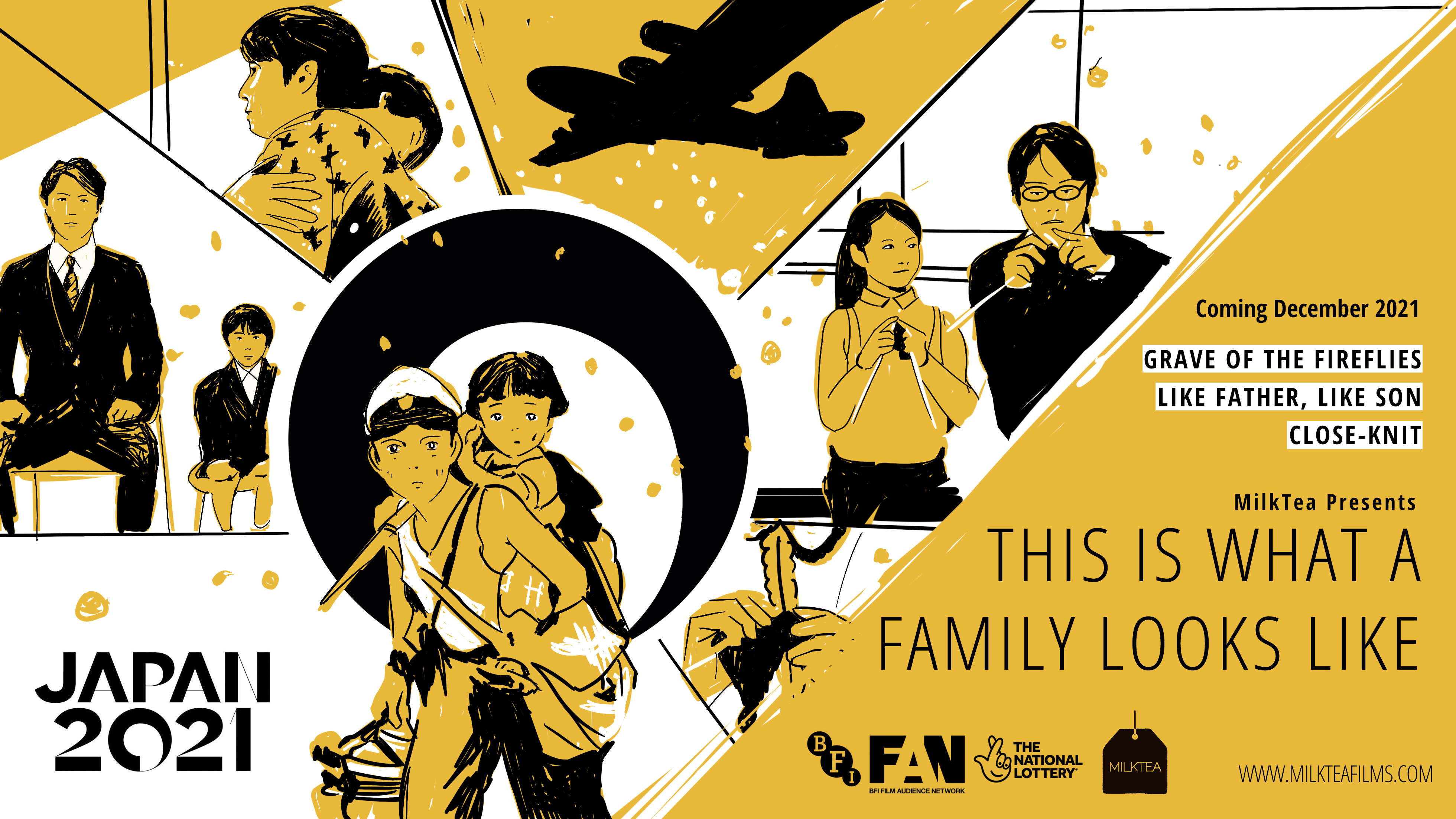 Img:Sketches of Japanese film scenes including a girl on her brother's shoulders, a girl and older man knitting
