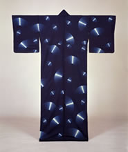 Kimono, 'Melody' (Senritsu), indigo stencil dyeing on silk by Matsubara Yoshichi, 1968